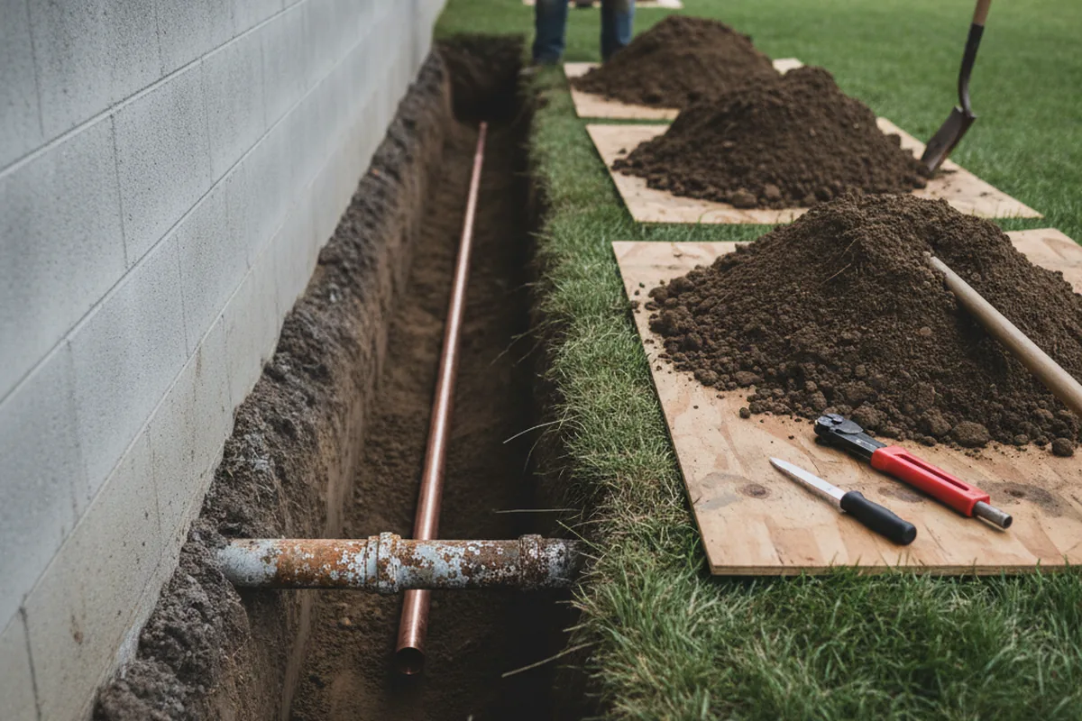 Excavated water line trench during Sewer Line Repair in Twinsburg